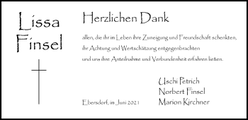Traueranzeige von Lissa Finsel von Neue Presse Coburg