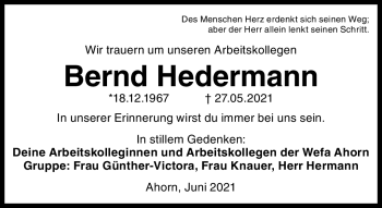 Traueranzeige von Bernd Hedermann von Neue Presse Coburg