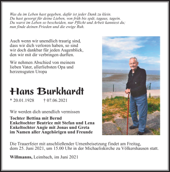 Traueranzeige von Hans Burkhardt von Südthüringer Presse
