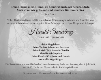 Traueranzeige von Harald Sauerbrey von Südthüringer Presse
