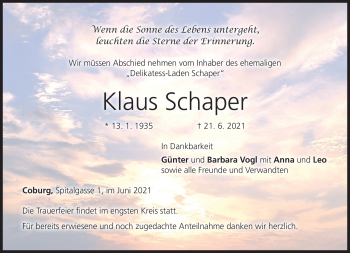 Traueranzeige von Klaus Schaper von Neue Presse Coburg