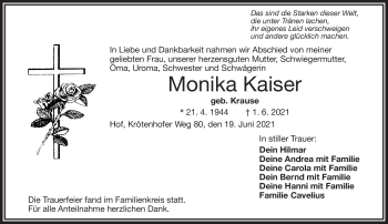 Traueranzeige von Monika Kaiser von Frankenpost