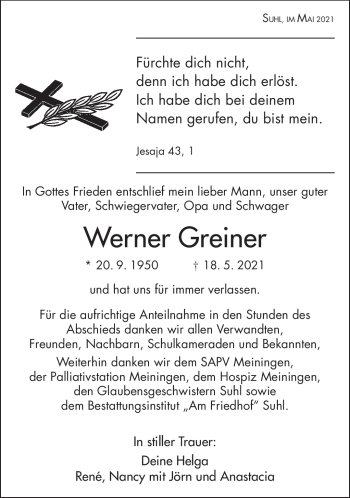 Traueranzeige von Werner Greiner von Südthüringer Presse