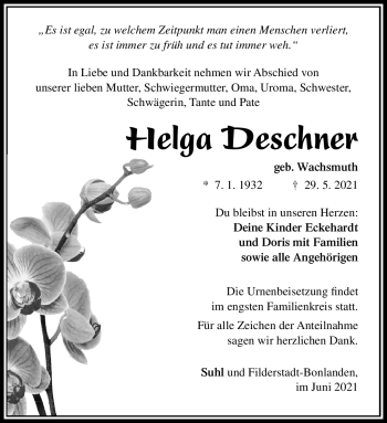 Traueranzeige von Helga Deschner von Südthüringer Presse