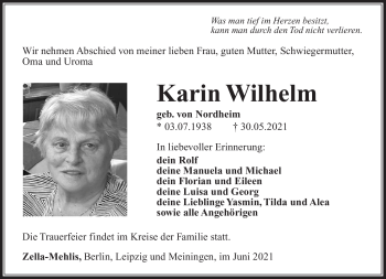 Traueranzeige von Karin Wilhelm von Südthüringer Presse