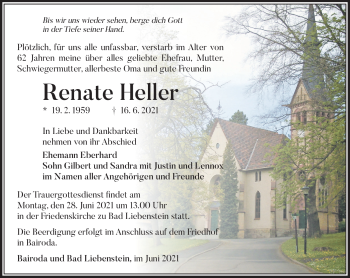 Traueranzeige von Renate Heller von Südthüringer Presse