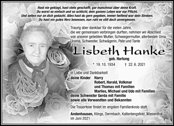Traueranzeige von Lisbeth Hanke von Südthüringer Presse
