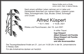 Traueranzeige von Alfred Küspert von Frankenpost