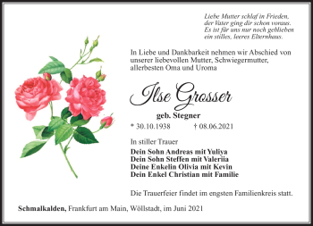 Traueranzeige von Ilse Grosser von Südthüringer Presse