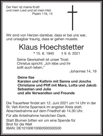 Traueranzeige von Klaus Hoechstetter von Frankenpost