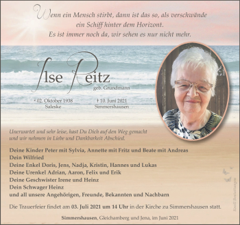 Traueranzeige von Ilse Reitz von Südthüringer Presse