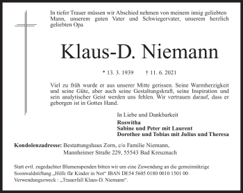 Traueranzeige von Klaus-Dieter Niemann von Südthüringer Presse