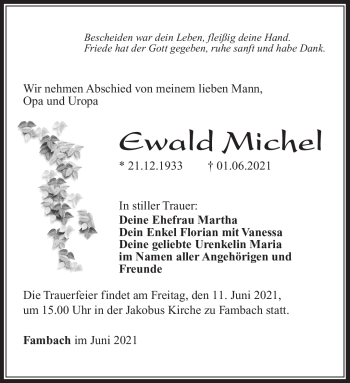 Traueranzeige von Ewald Michel von Südthüringer Presse