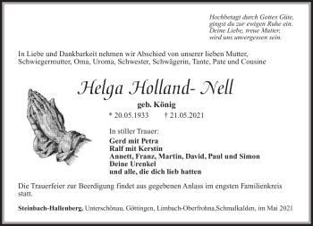 Traueranzeige von Helga Holland-Nell von Südthüringer Presse