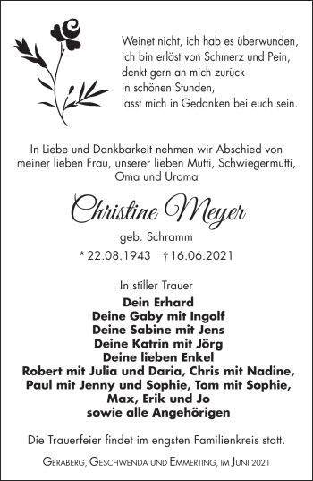 Traueranzeige von Christine Meyer von Südthüringer Presse
