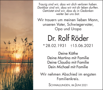 Traueranzeige von Rolf Röder von Südthüringer Presse