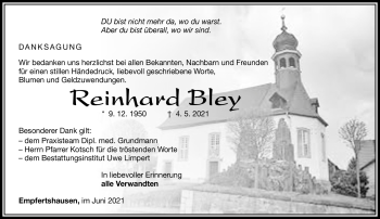 Traueranzeige von Reinhard Bley von Südthüringer Presse