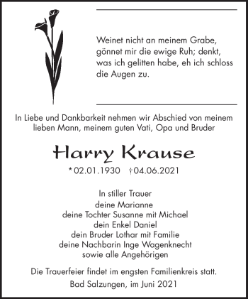 Traueranzeige von Harry Krause von Südthüringer Presse