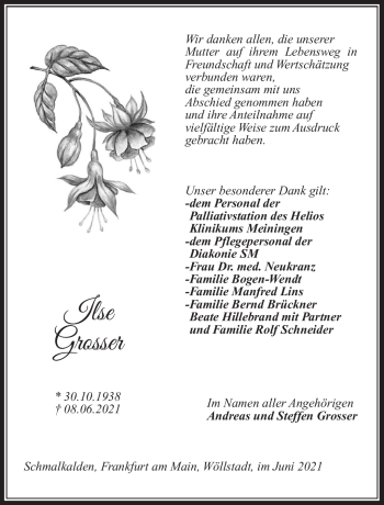 Traueranzeige von Ilse Grosser von Südthüringer Presse