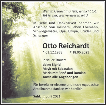 Traueranzeige von Otto Reichardt von Südthüringer Presse