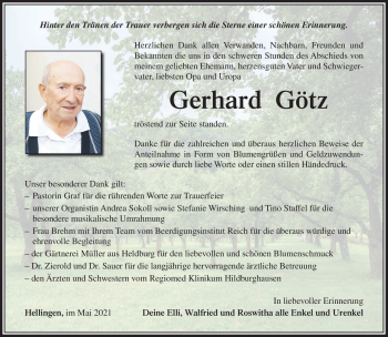 Traueranzeige von Gerhard Götz von Südthüringer Presse