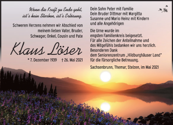 Traueranzeige von Klaus Löser von Südthüringer Presse
