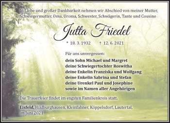 Traueranzeige von Jutta Friedel von Südthüringer Presse
