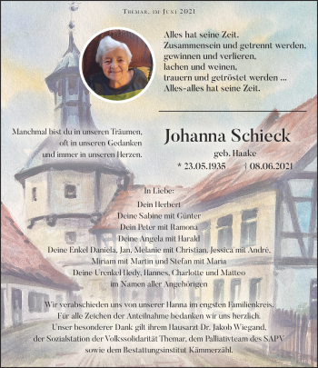 Traueranzeige von Johanna Schieck von Südthüringer Presse