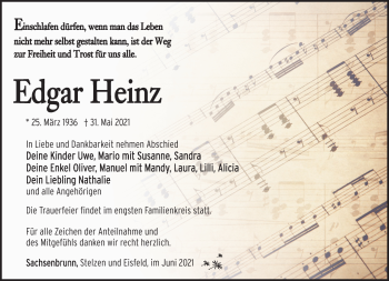 Traueranzeige von Edgar Heinz von Südthüringer Presse