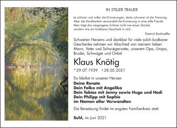 Traueranzeige von Klaus Knötig von Südthüringer Presse