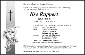 Traueranzeige von Ilse Ruppert von Südthüringer Presse