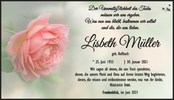 Traueranzeige von Liesbeth Müller von Südthüringer Presse