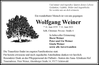 Traueranzeige von Wolfgang Weiner von Frankenpost