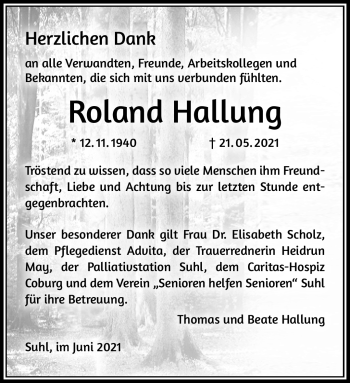 Traueranzeige von Roland Hallung von Südthüringer Presse