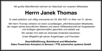 Traueranzeige von Janek Thomas von Neue Presse Coburg
