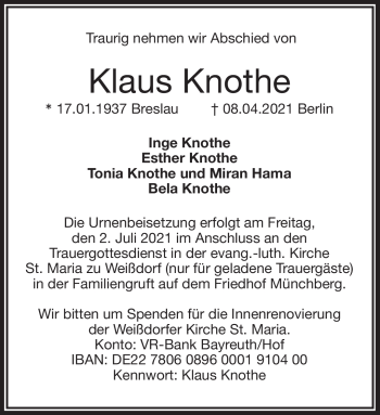 Traueranzeige von Klaus Knothe von Frankenpost