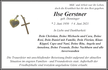 Traueranzeige von Ilse Gerstner von Frankenpost