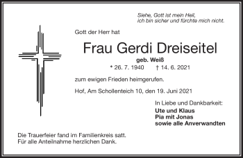 Traueranzeige von Gerdi Dreiseitel von Frankenpost