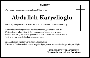 Traueranzeige von Abdullah Karyelioglu von Neue Presse Coburg