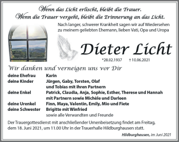 Traueranzeige von Dieter Licht von Südthüringer Presse