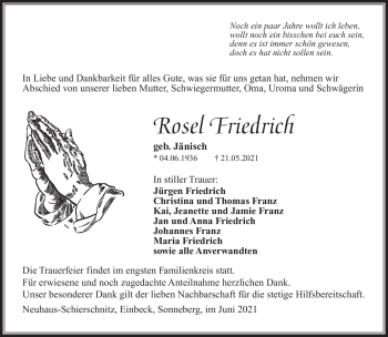 Traueranzeige von Rosel Friedrich von Südthüringer Presse