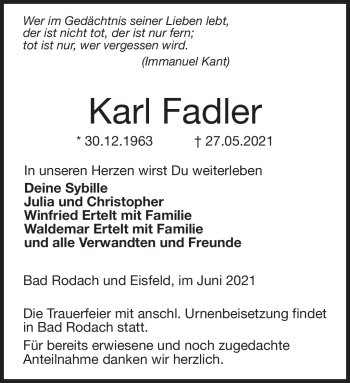 Traueranzeige von Karl Fadler von Neue Presse Coburg