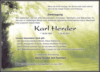 Traueranzeige von Karl Herder von Südthüringer Presse