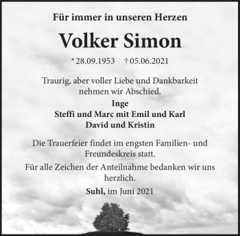 Traueranzeige von Volker Simon von Südthüringer Presse
