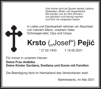 Traueranzeige von Krsto Pejic von Frankenpost
