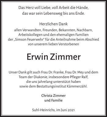 Traueranzeige von Erwin Zimmer von Südthüringer Presse