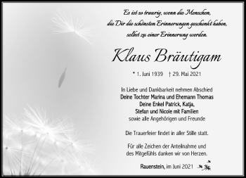 Traueranzeige von Klaus Bräutigam von Südthüringer Presse