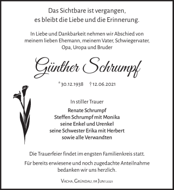 Traueranzeige von Günther Schrumpf von Südthüringer Presse