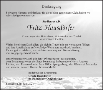 Traueranzeige von Fritz Hausdörfer von Südthüringer Presse