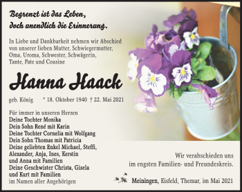 Traueranzeige von Hanna Haack von Südthüringer Presse